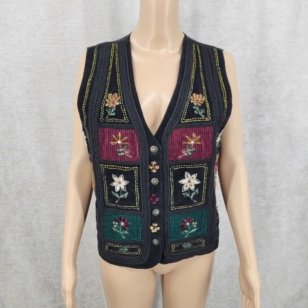 Vintage 90s Floral Embroidered Patchwork Velvet Corduroy Vest Academia